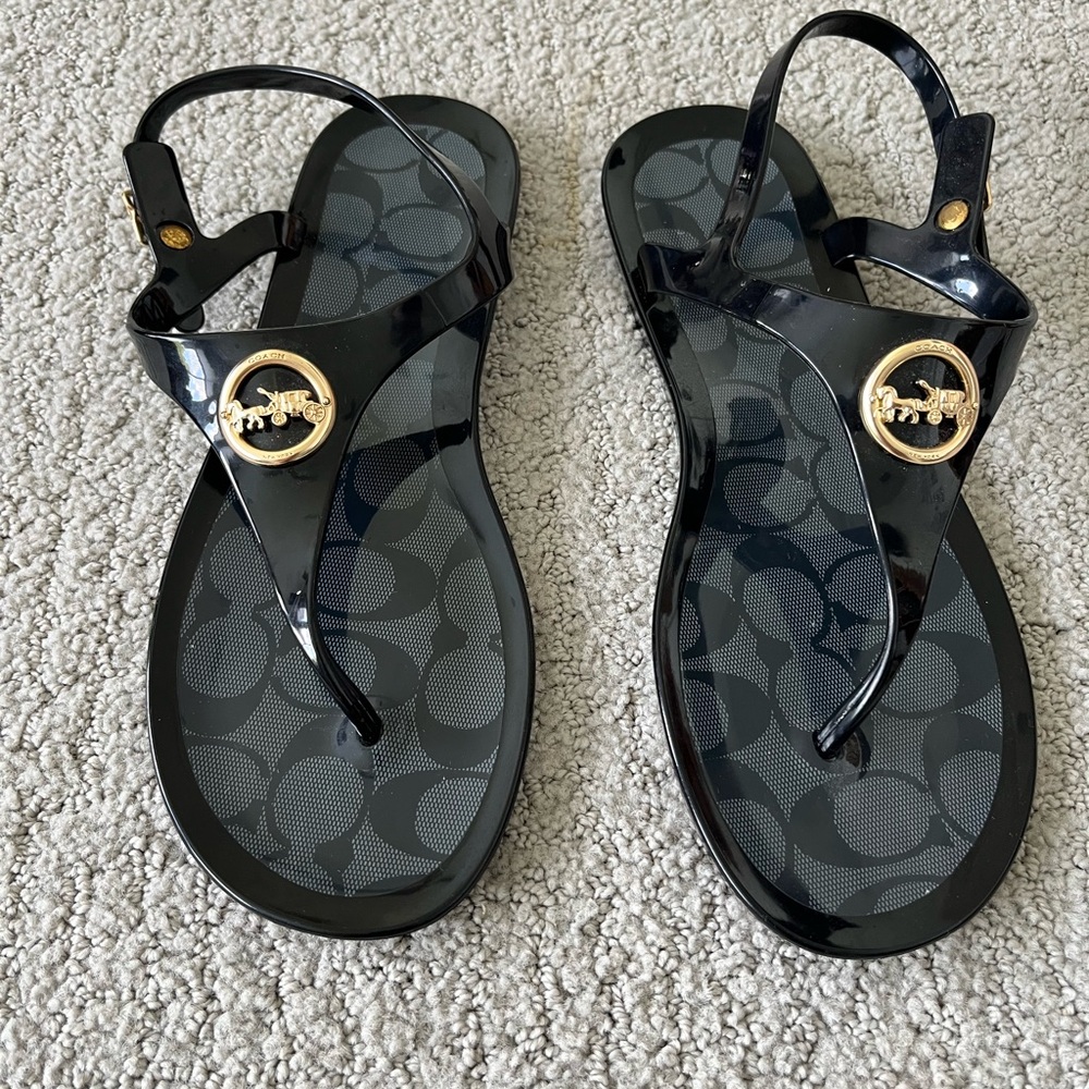 Coach Black and Gold T-Strap Sandals